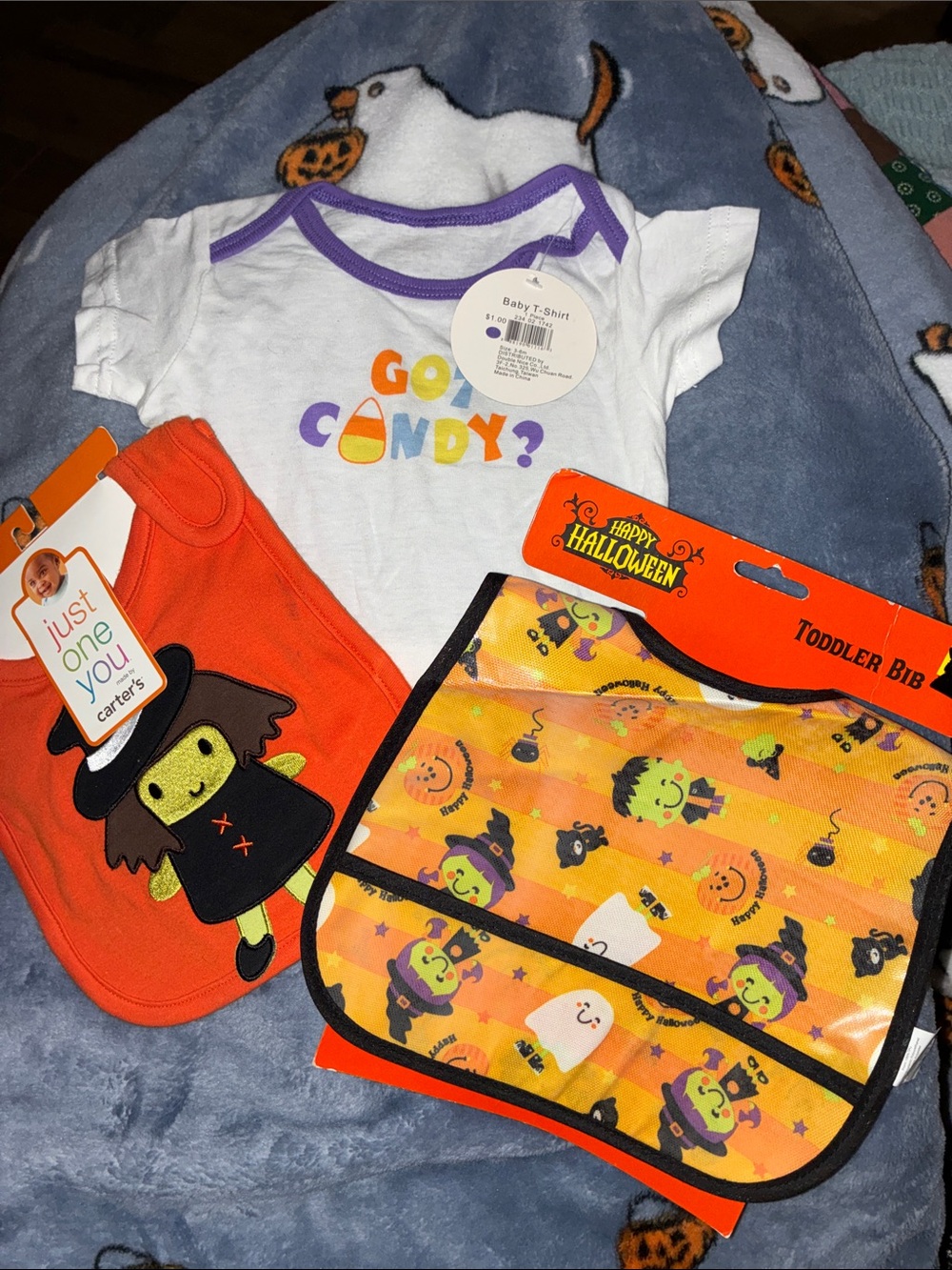 Carter's White & Orange Halloween Baby Tee & Bib Set with Purple Trim